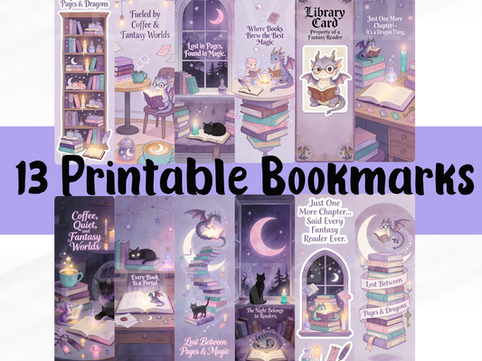 13 Printable Fantasy Bookmarks Bundle, Dragon Reader Bookmark Set