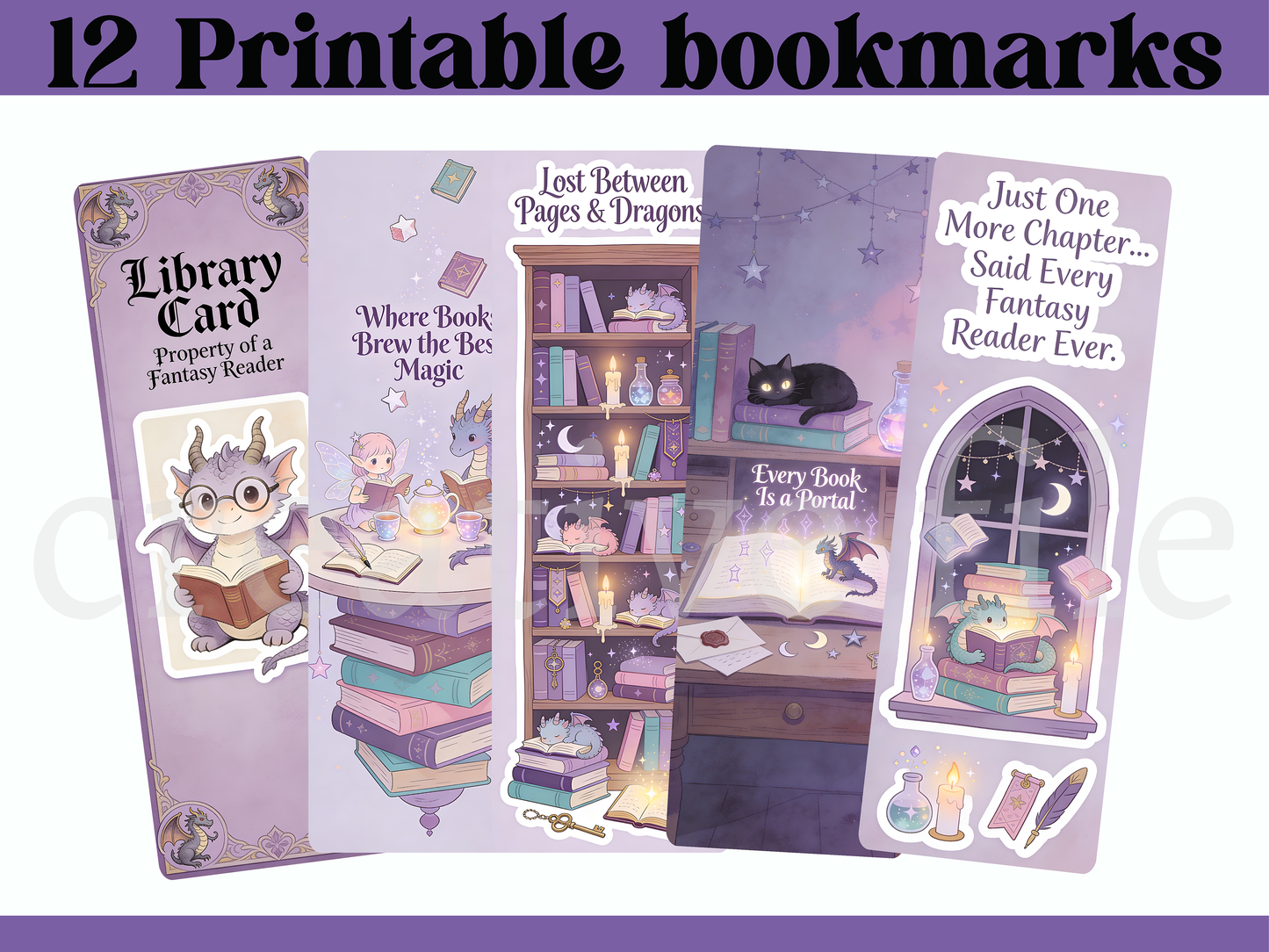 13 Printable Fantasy Bookmarks Bundle, Dragon Reader Bookmark Set