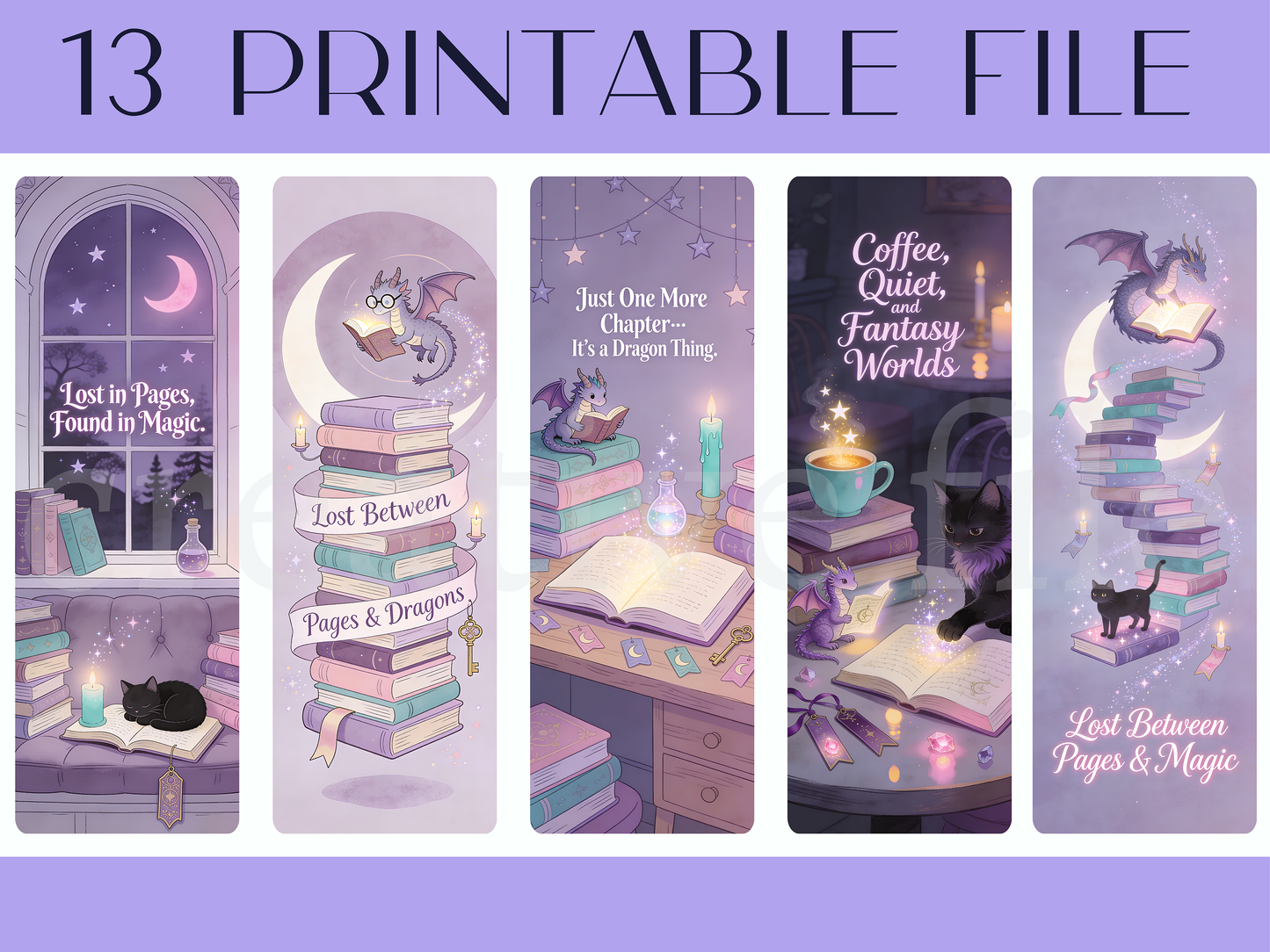 13 Printable Fantasy Bookmarks Bundle, Dragon Reader Bookmark Set