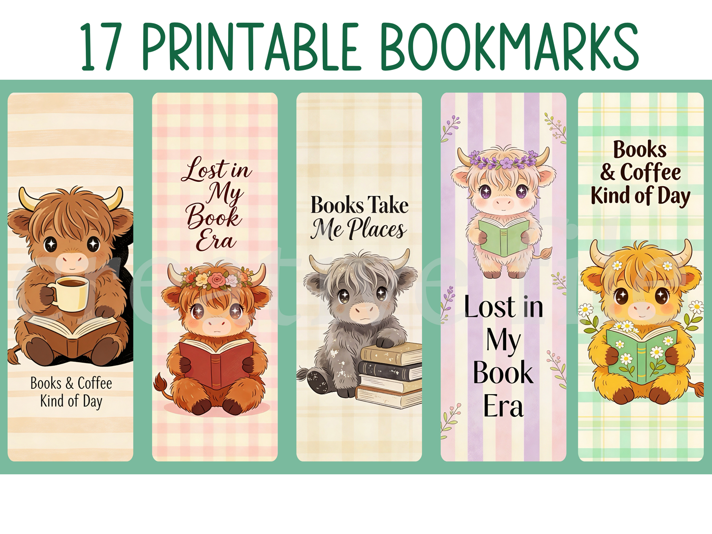 17 Printable Highland Cow Bookmarks Bundle, Cute Reading Cow Bookmark Set