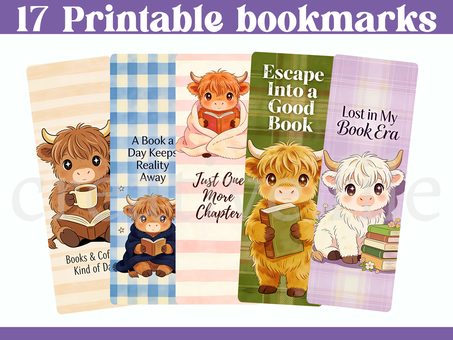 17 Printable Highland Cow Bookmarks Bundle, Cute Reading Cow Bookmark Set
