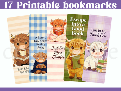 17 Printable Highland Cow Bookmarks Bundle, Cute Reading Cow Bookmark Set