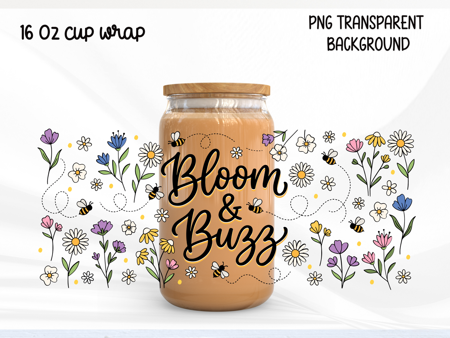 Bloom and Buzz 16oz Glass Can Wrap PNG, Bee Floral Cup Wrap, Spring Garden Libbey Design