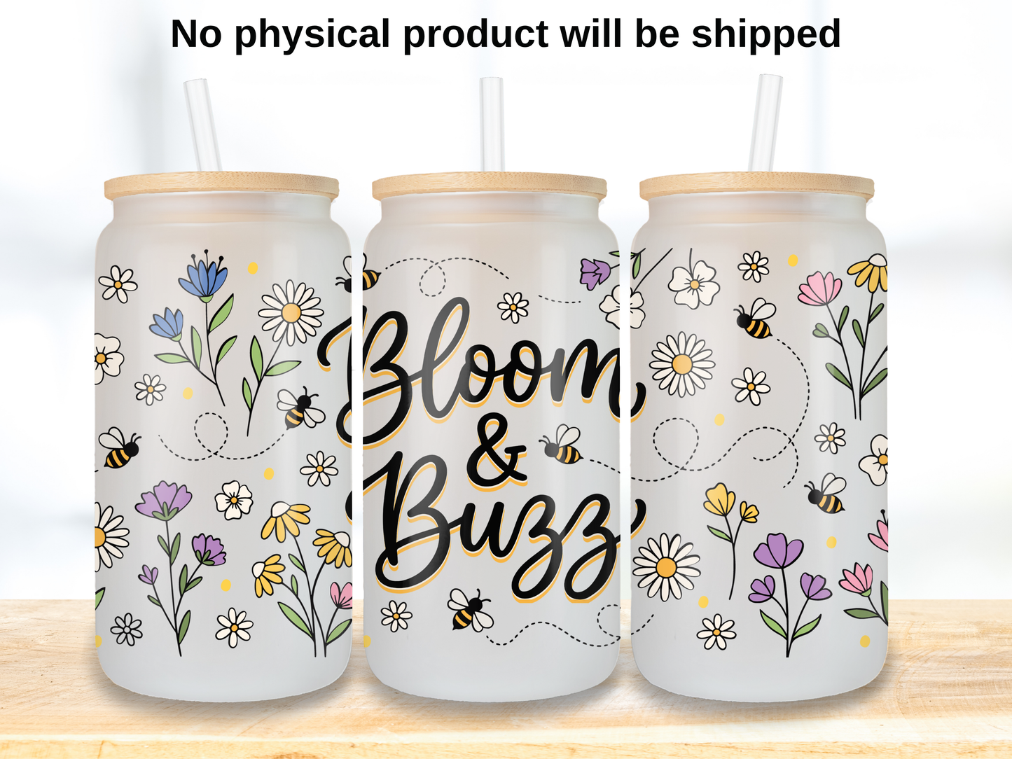 Bloom and Buzz 16oz Glass Can Wrap PNG, Bee Floral Cup Wrap, Spring Garden Libbey Design