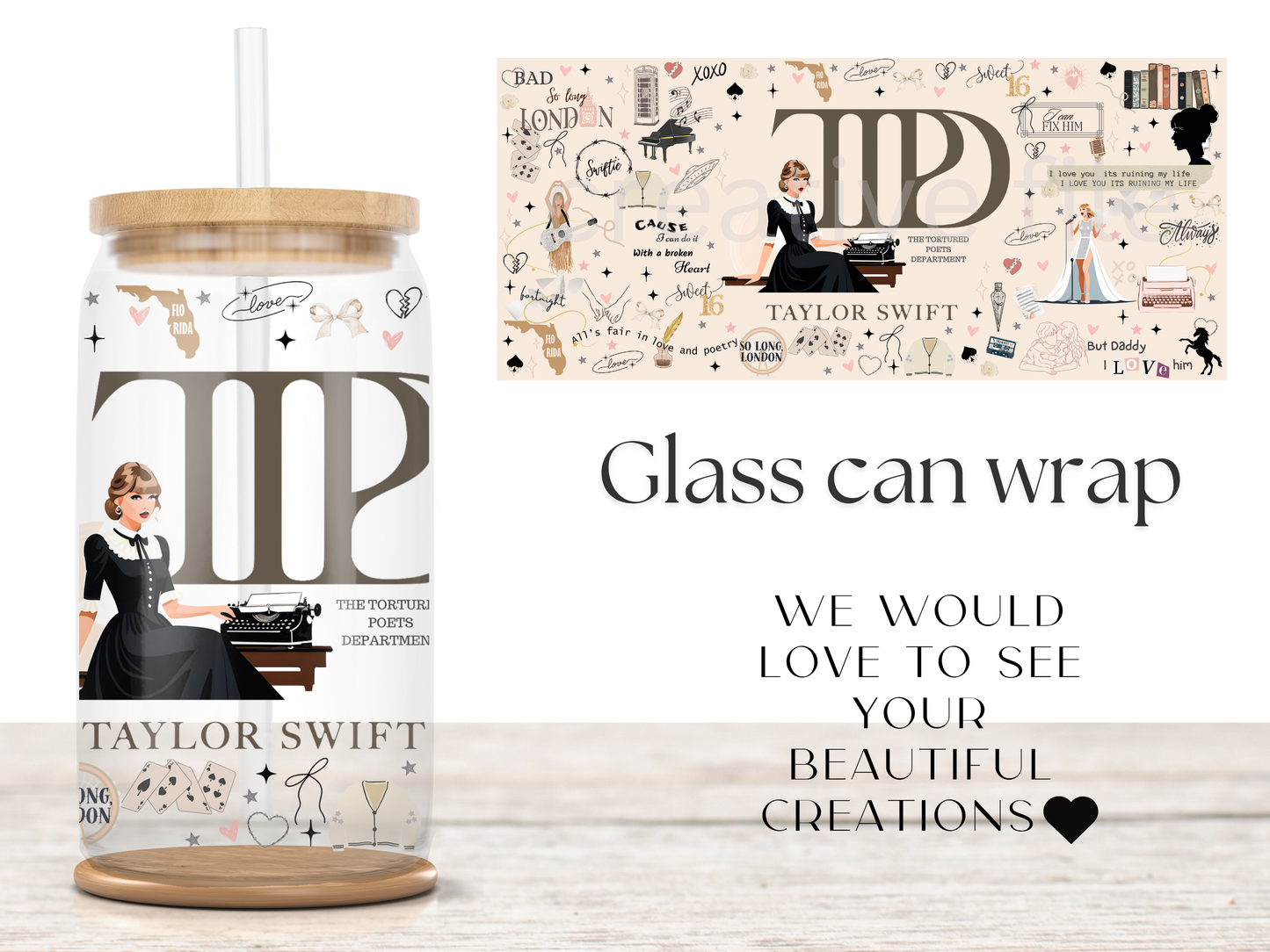Poetic Pop Album Glass Can Wrap PNG, Typewriter Music Lover