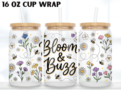 Bloom and Buzz 16oz Glass Can Wrap PNG, Bee Floral Cup Wrap, Spring Garden Libbey Design