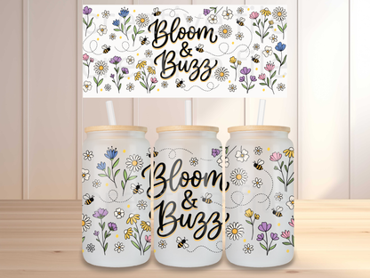 Bloom and Buzz 16oz Glass Can Wrap PNG, Bee Floral Cup Wrap, Spring Garden Libbey Design