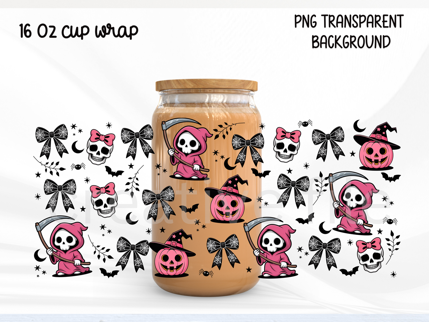 Pink Reaper Bow Wrap PNG, Cute Grim Reaper Cup Wrap, Gothic Halloween PNG