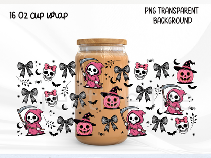 Pink Reaper Bow Wrap PNG, Cute Grim Reaper Cup Wrap, Gothic Halloween PNG