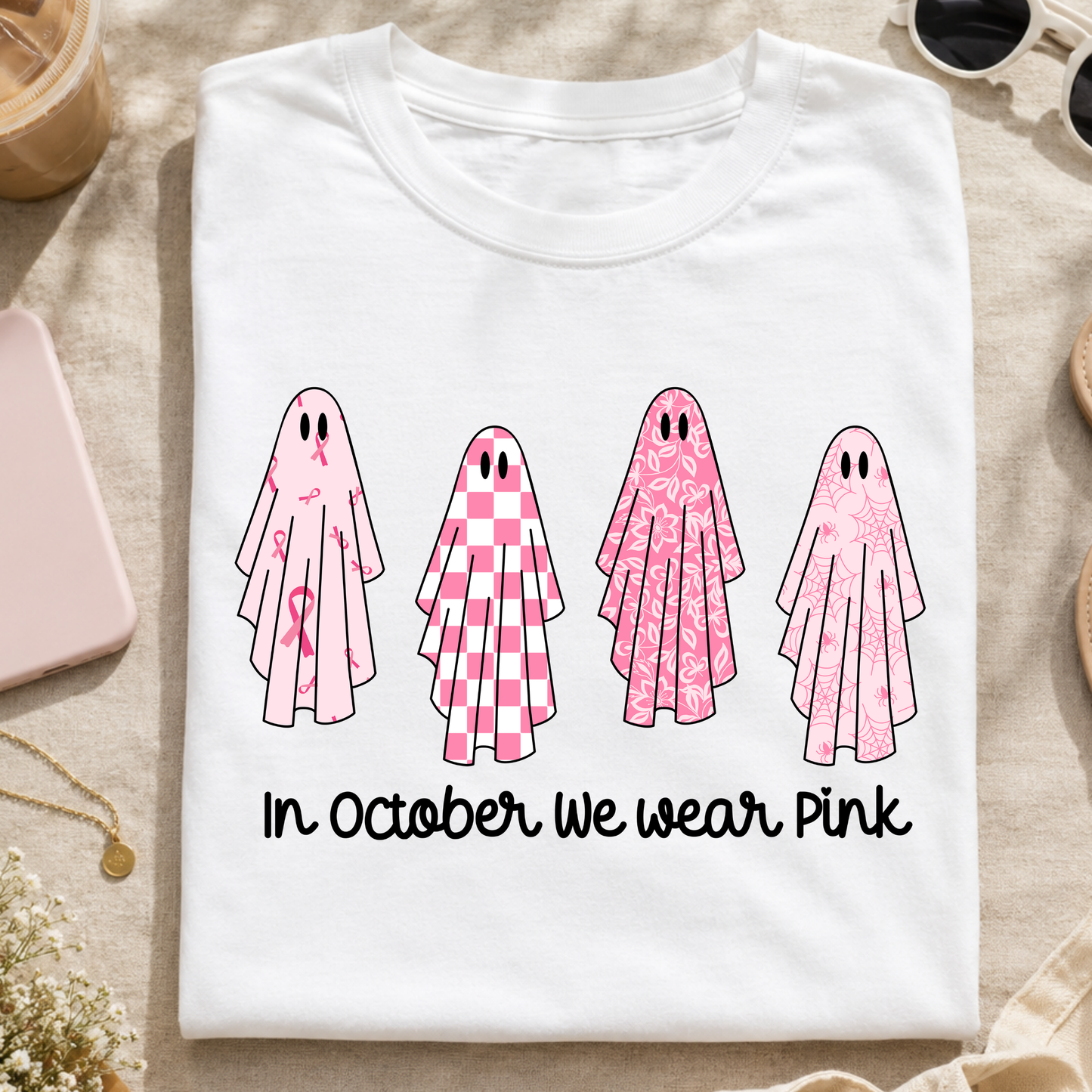 In October We Wear Pink PNG, Breast Cancer Ghost T-Shirt Design, Halloween Awareness Graphic