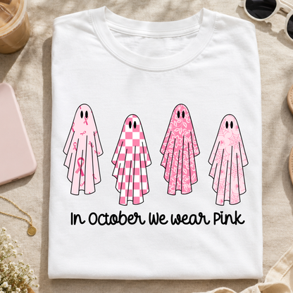 In October We Wear Pink PNG, Breast Cancer Ghost T-Shirt Design, Halloween Awareness Graphic