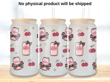 Pink Soda Cherry 16oz Glass Can Wrap PNG, Coquette Soda Can Cup Wrap, Leopard Bow Libbey Design