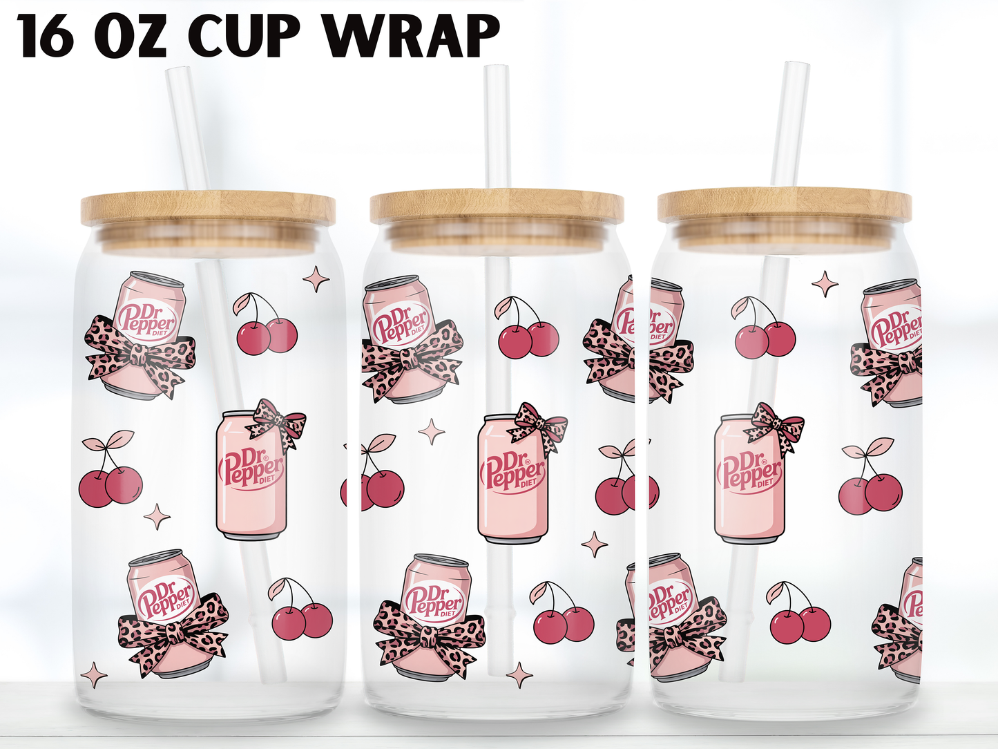 Pink Soda Cherry 16oz Glass Can Wrap PNG, Coquette Soda Can Cup Wrap, Leopard Bow Libbey Design