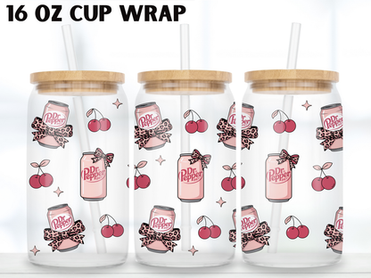 Pink Soda Cherry 16oz Glass Can Wrap PNG, Coquette Soda Can Cup Wrap, Leopard Bow Libbey Design