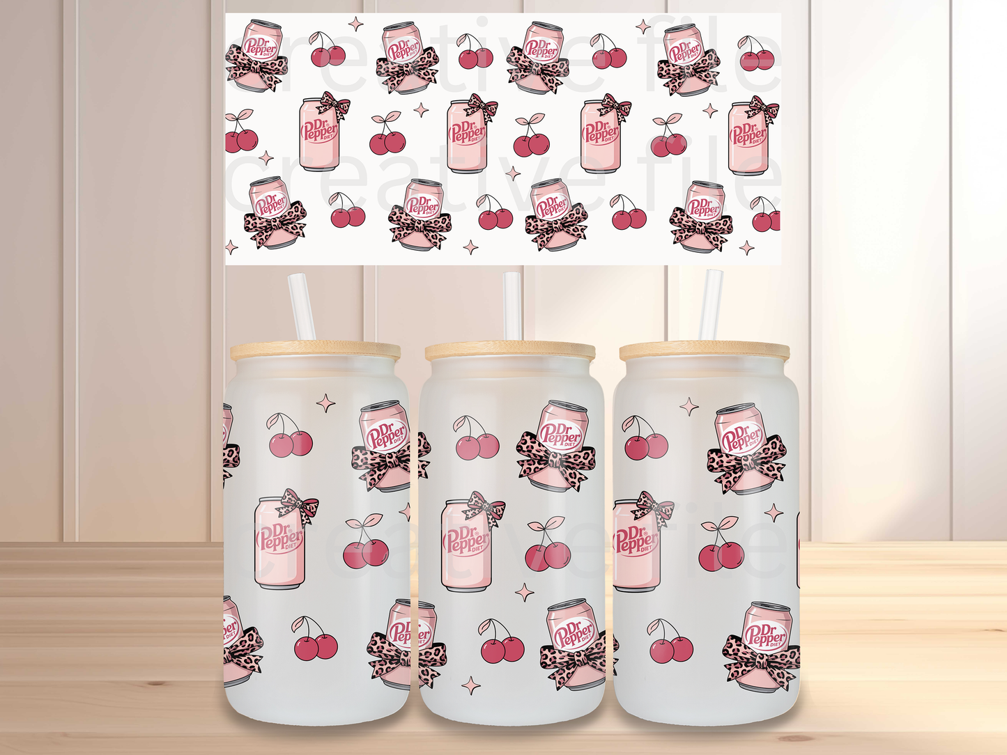 Pink Soda Cherry 16oz Glass Can Wrap PNG, Coquette Soda Can Cup Wrap, Leopard Bow Libbey Design