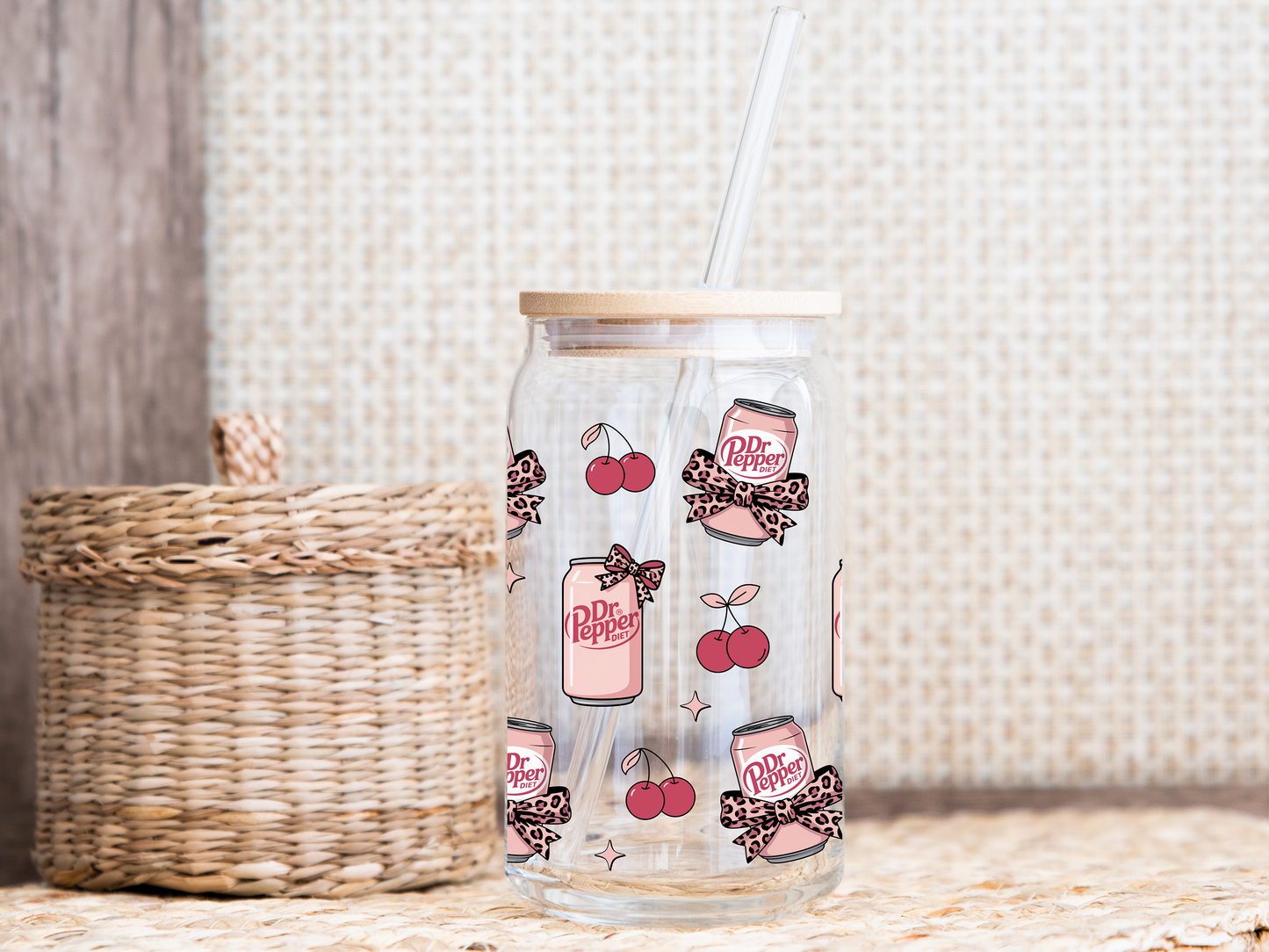 Pink Soda Cherry 16oz Glass Can Wrap PNG, Coquette Soda Can Cup Wrap, Leopard Bow Libbey Design