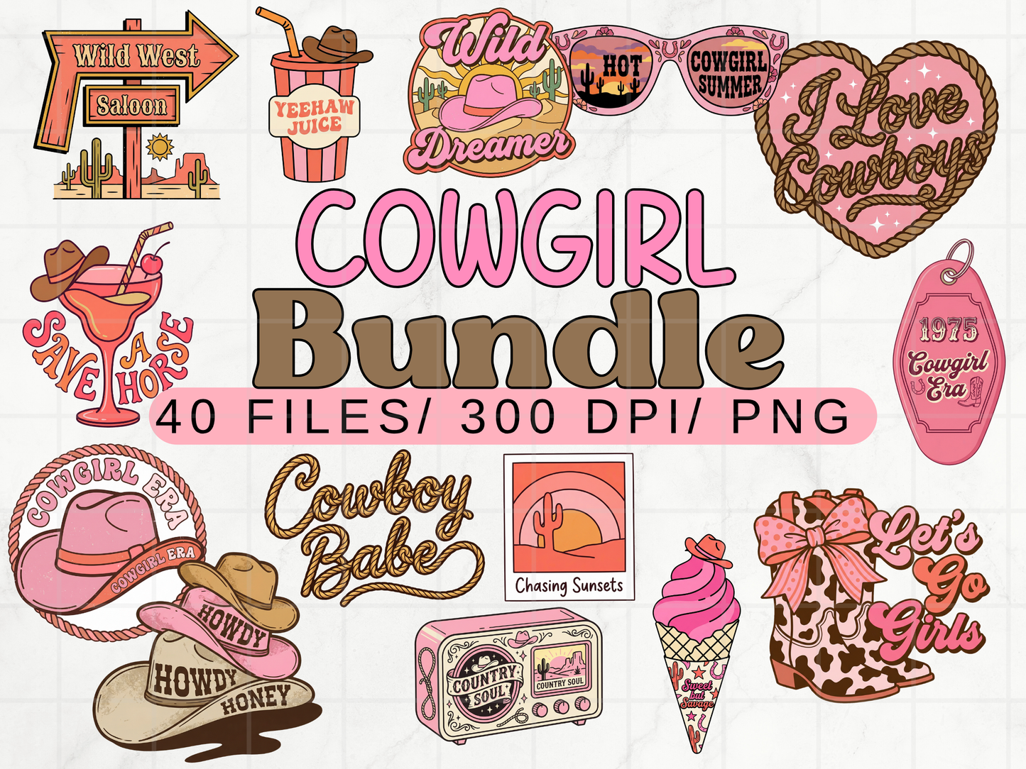 Pink Cowgirl PNG Clipart Bundle, Western Coquette Rodeo Graphics