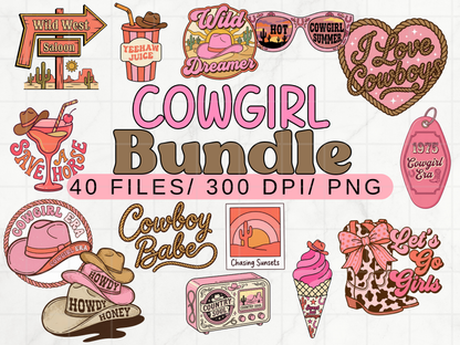Pink Cowgirl PNG Clipart Bundle, Western Coquette Rodeo Graphics