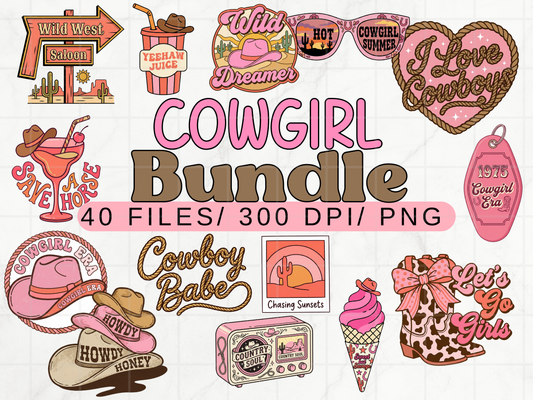Pink Cowgirl PNG Clipart Bundle, Western Coquette Rodeo Graphics
