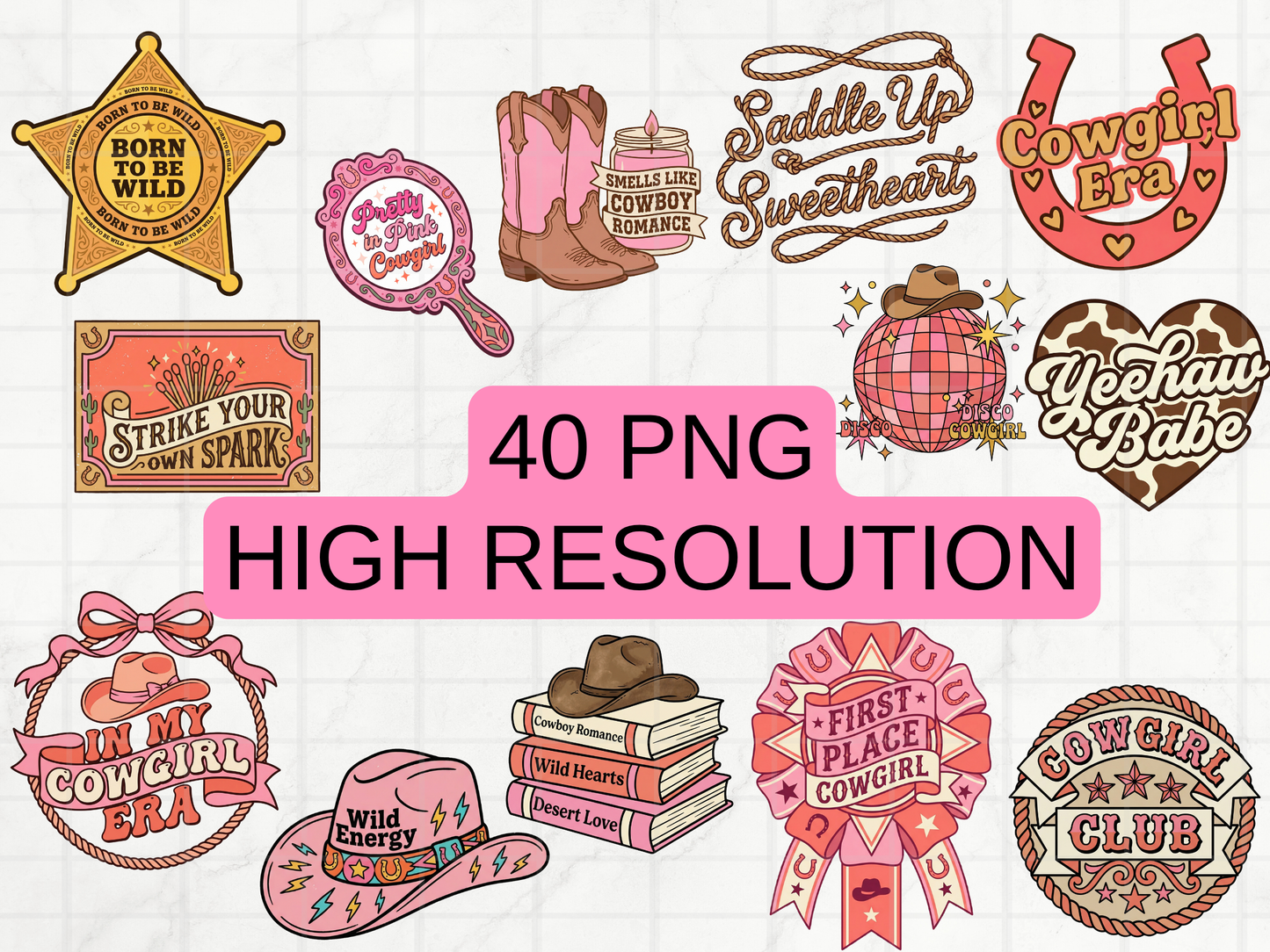 Pink Cowgirl PNG Clipart Bundle, Western Coquette Rodeo Graphics