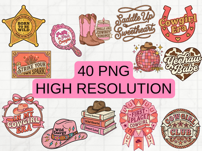 Pink Cowgirl PNG Clipart Bundle, Western Coquette Rodeo Graphics