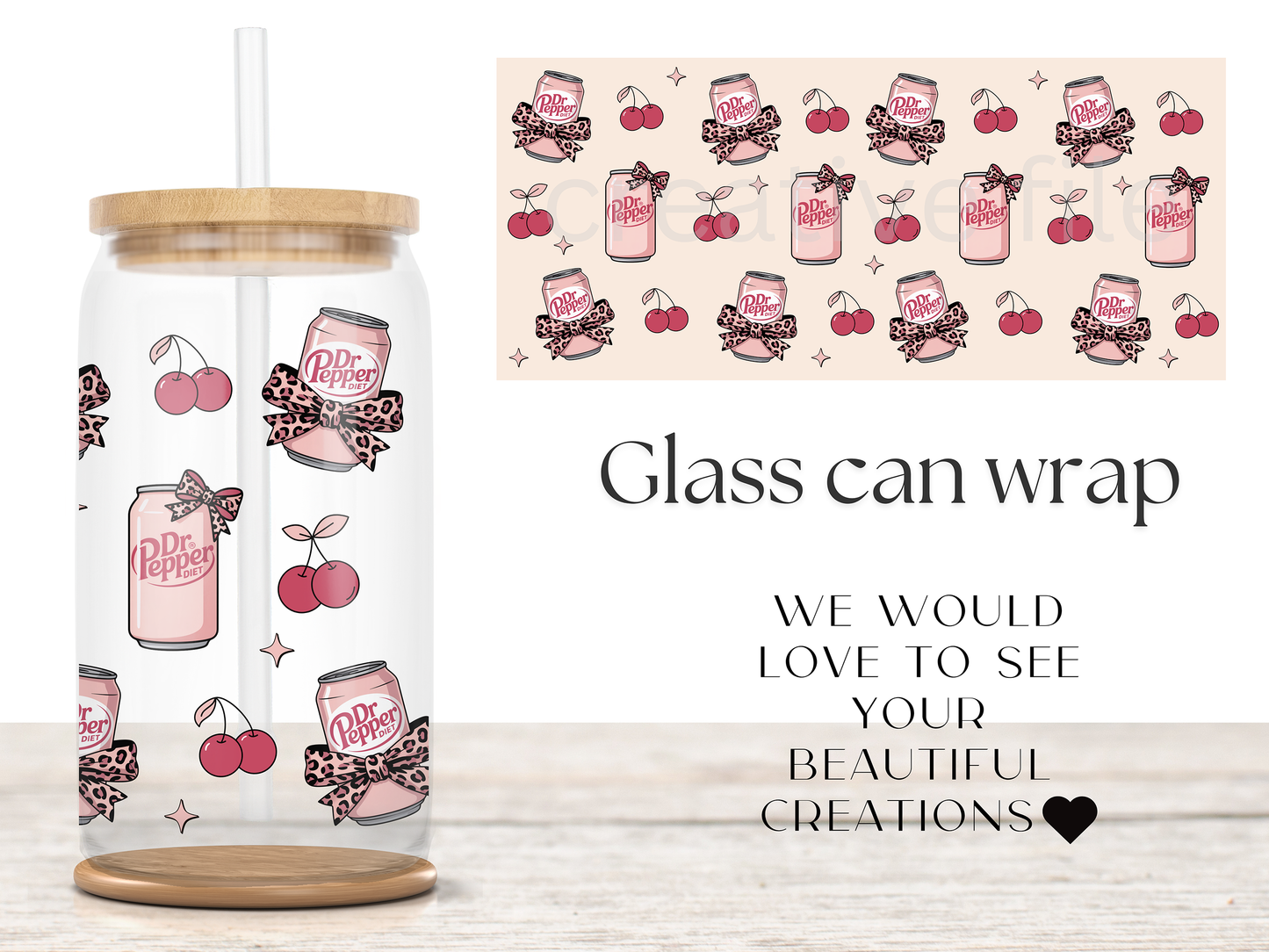 Pink Soda Cherry 16oz Glass Can Wrap PNG, Coquette Soda Can Cup Wrap, Leopard Bow Libbey Design