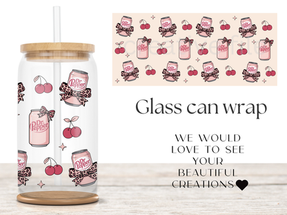 Pink Soda Cherry 16oz Glass Can Wrap PNG, Coquette Soda Can Cup Wrap, Leopard Bow Libbey Design