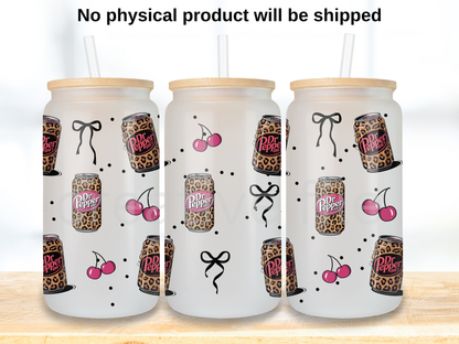 Leopard Soda Cherry 16oz Glass Can Wrap PNG, Pink Cherry Cup Wrap, Coquette Libbey Design