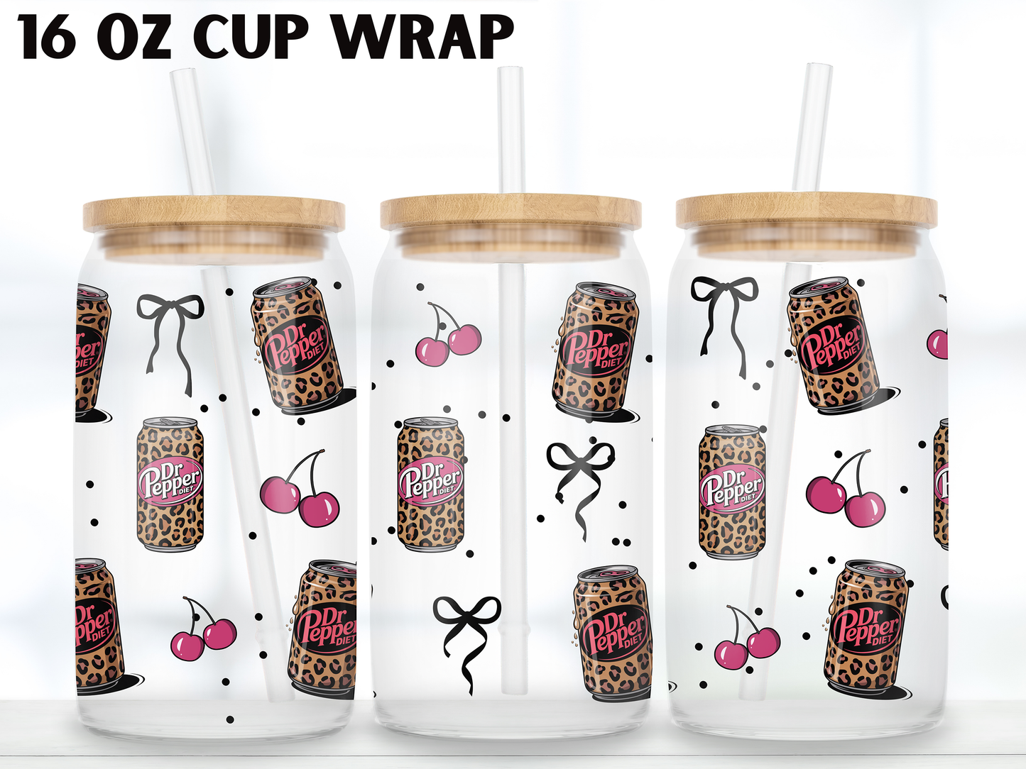 Leopard Soda Cherry 16oz Glass Can Wrap PNG, Pink Cherry Cup Wrap, Coquette Libbey Design