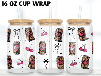 Leopard Soda Cherry 16oz Glass Can Wrap PNG, Pink Cherry Cup Wrap, Coquette Libbey Design