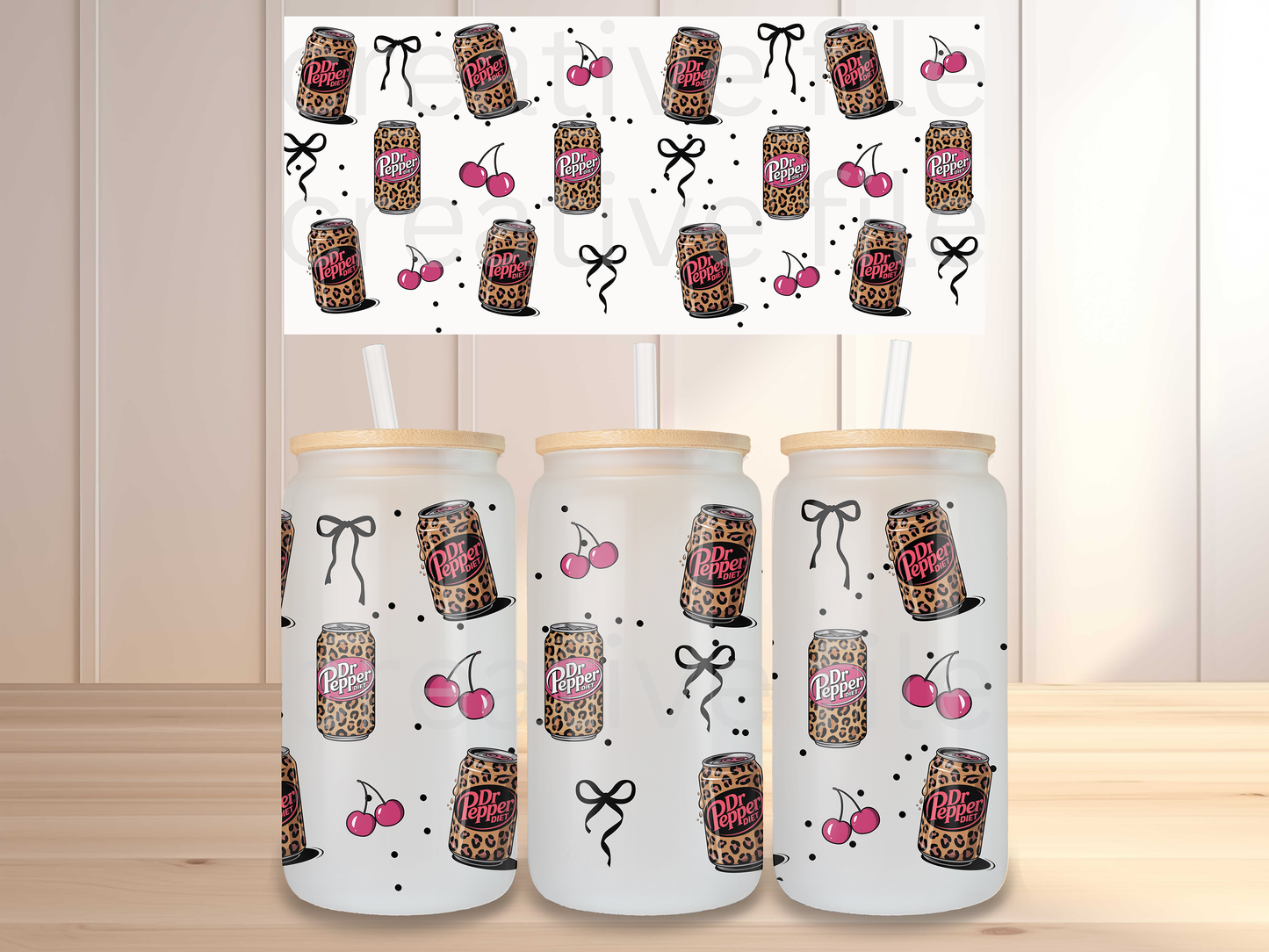 Leopard Soda Cherry 16oz Glass Can Wrap PNG, Pink Cherry Cup Wrap, Coquette Libbey Design