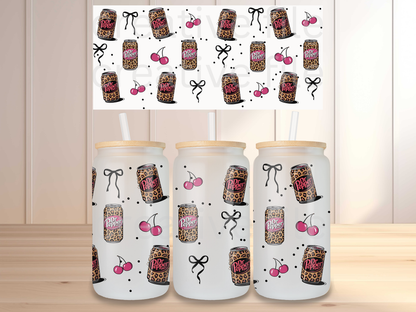 Leopard Soda Cherry 16oz Glass Can Wrap PNG, Pink Cherry Cup Wrap, Coquette Libbey Design