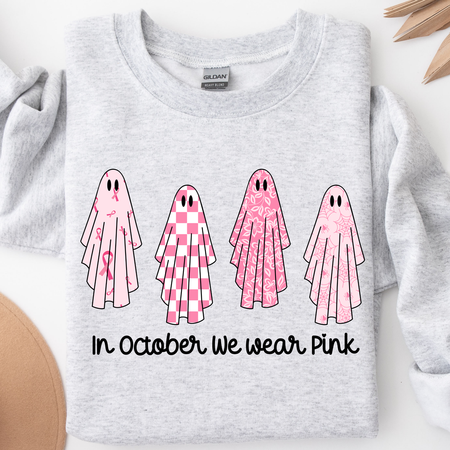 In October We Wear Pink PNG, Breast Cancer Ghost T-Shirt Design, Halloween Awareness Graphic