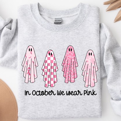 In October We Wear Pink PNG, Breast Cancer Ghost T-Shirt Design, Halloween Awareness Graphic