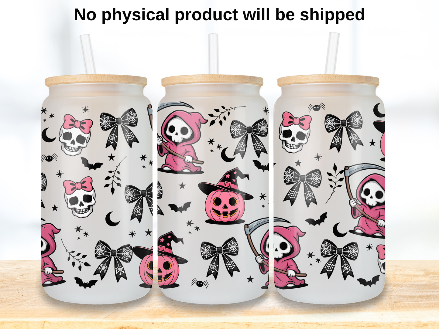 Pink Reaper Bow Wrap PNG, Cute Grim Reaper Cup Wrap, Gothic Halloween PNG
