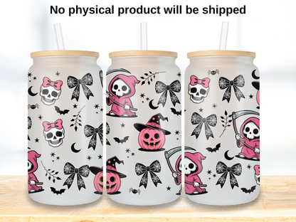 Pink Reaper Bow Wrap PNG, Cute Grim Reaper Cup Wrap, Gothic Halloween PNG