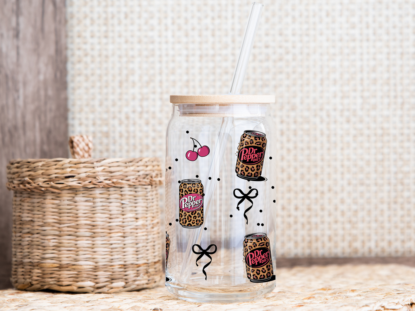 Leopard Soda Cherry 16oz Glass Can Wrap PNG, Pink Cherry Cup Wrap, Coquette Libbey Design