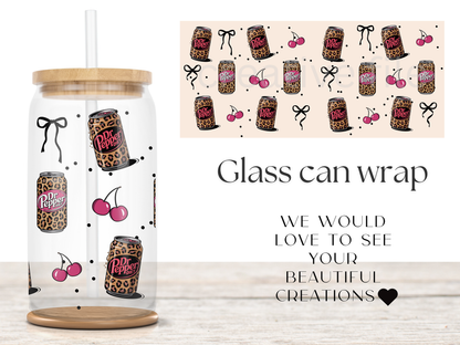 Leopard Soda Cherry 16oz Glass Can Wrap PNG, Pink Cherry Cup Wrap, Coquette Libbey Design