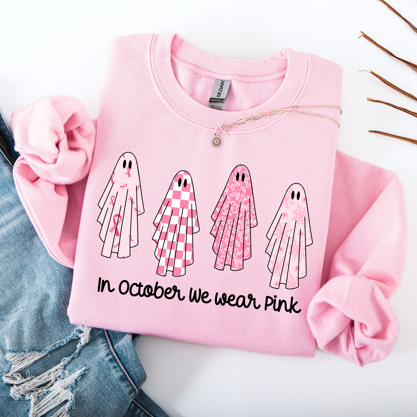 In October We Wear Pink PNG, Breast Cancer Ghost T-Shirt Design, Halloween Awareness Graphic