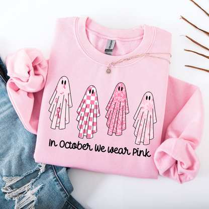 In October We Wear Pink PNG, Breast Cancer Ghost T-Shirt Design, Halloween Awareness Graphic