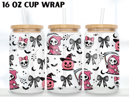 Pink Reaper Bow Wrap PNG, Cute Grim Reaper Cup Wrap, Gothic Halloween PNG