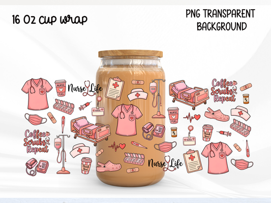 Nurse Life 16oz Glass Can Wrap PNG, Pink Medical Cup Wrap, Coffee Scrubs Repeat Libbey Design