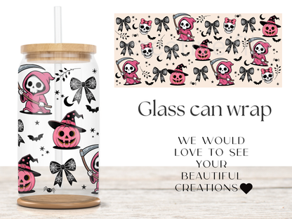 Pink Reaper Bow Wrap PNG, Cute Grim Reaper Cup Wrap, Gothic Halloween PNG