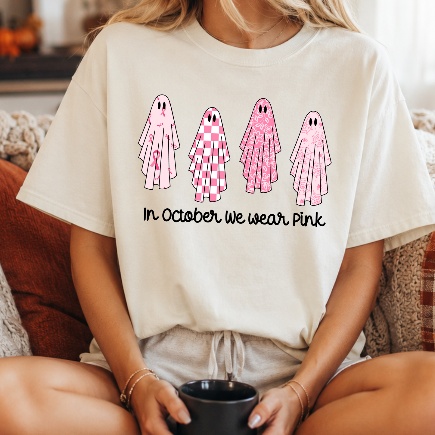 In October We Wear Pink PNG, Breast Cancer Ghost T-Shirt Design, Halloween Awareness Graphic