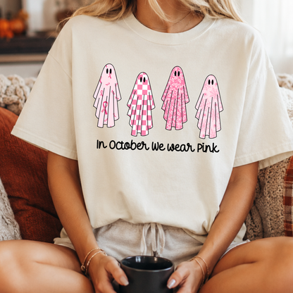 In October We Wear Pink PNG, Breast Cancer Ghost T-Shirt Design, Halloween Awareness Graphic