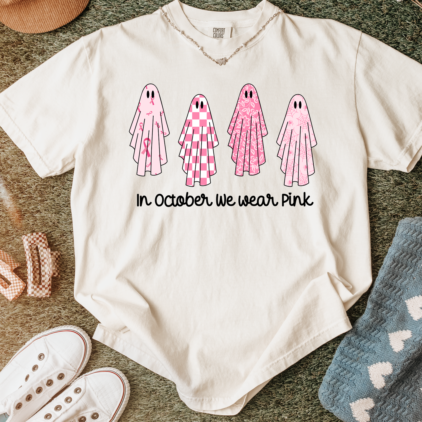 In October We Wear Pink PNG, Breast Cancer Ghost T-Shirt Design, Halloween Awareness Graphic