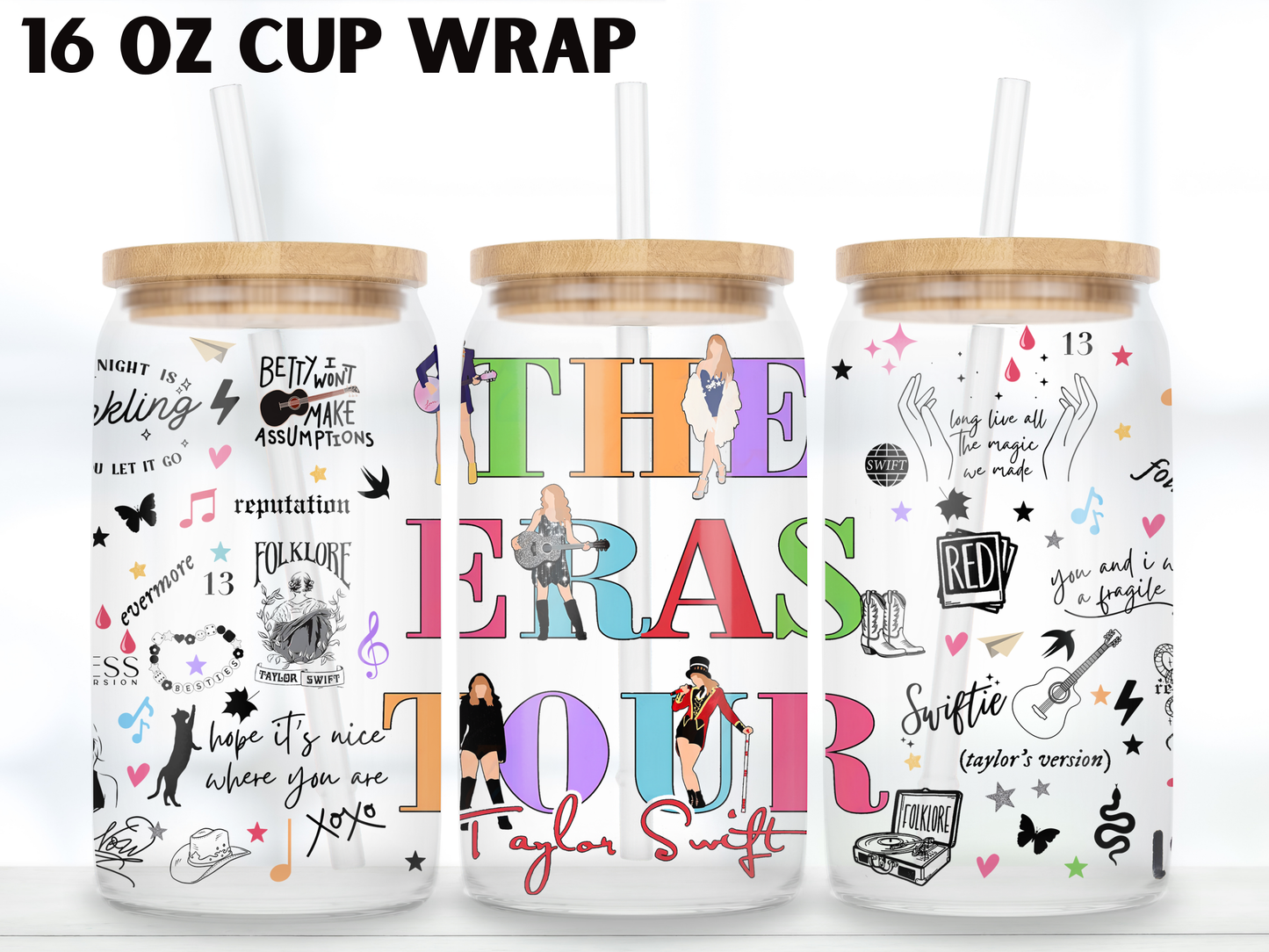 Eras Inspired 16oz Glass Can Wrap PNG, Pop Music Fan Cup Wrap design, Colorful Concert girly design