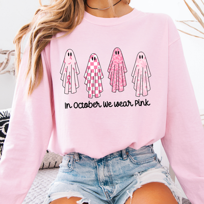 In October We Wear Pink PNG, Breast Cancer Ghost T-Shirt Design, Halloween Awareness Graphic