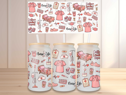 Nurse Life 16oz Glass Can Wrap PNG, Pink Medical Cup Wrap, Coffee Scrubs Repeat Libbey Design