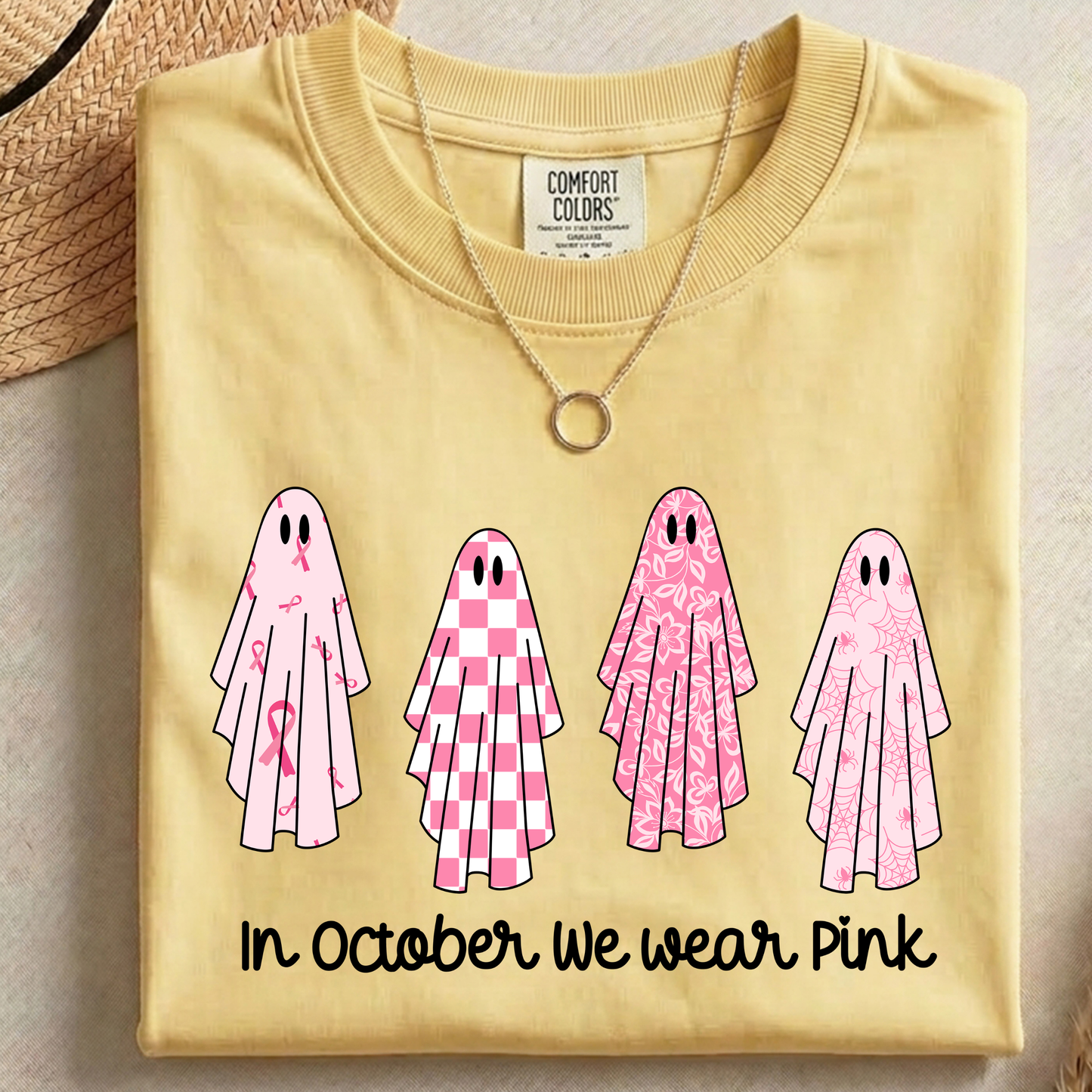 In October We Wear Pink PNG, Breast Cancer Ghost T-Shirt Design, Halloween Awareness Graphic